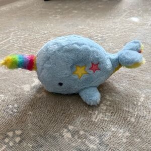 Soft Blue Narwhal Stuffed Animal with Rainbow Belly and Horn - Stars on Side